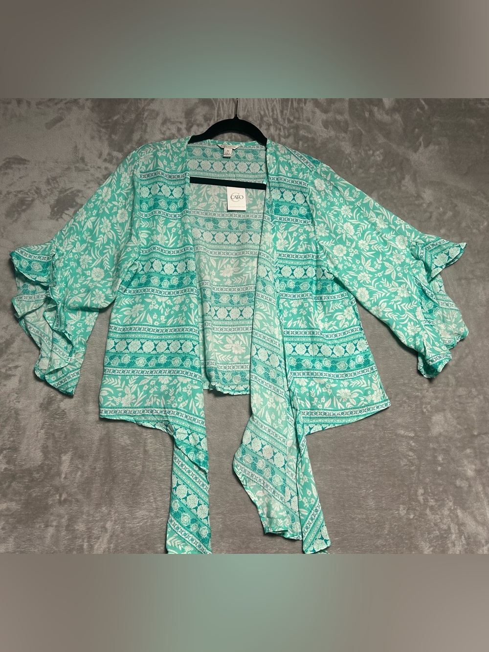 CATO Open Front Sheer Cardigan Women’s Medium Teal Green Floral